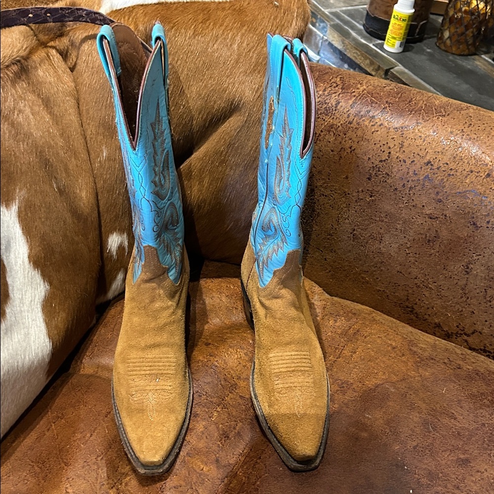 Lucchese Turquoise and Brown Suede Heeled Cowboy Boots - Picture 2 of 4